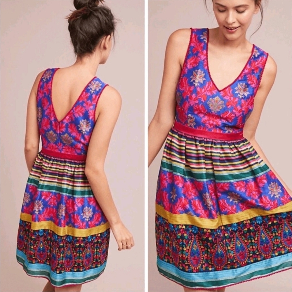 Payal Jain Size 10 Boho Floral Embroidered  Dress V Neck India Anthropologie